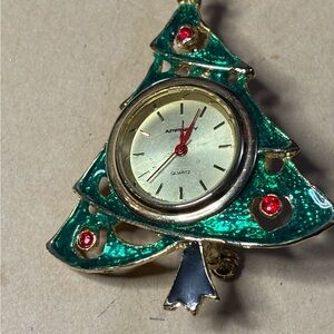 Green and Gold Brooch with Clock